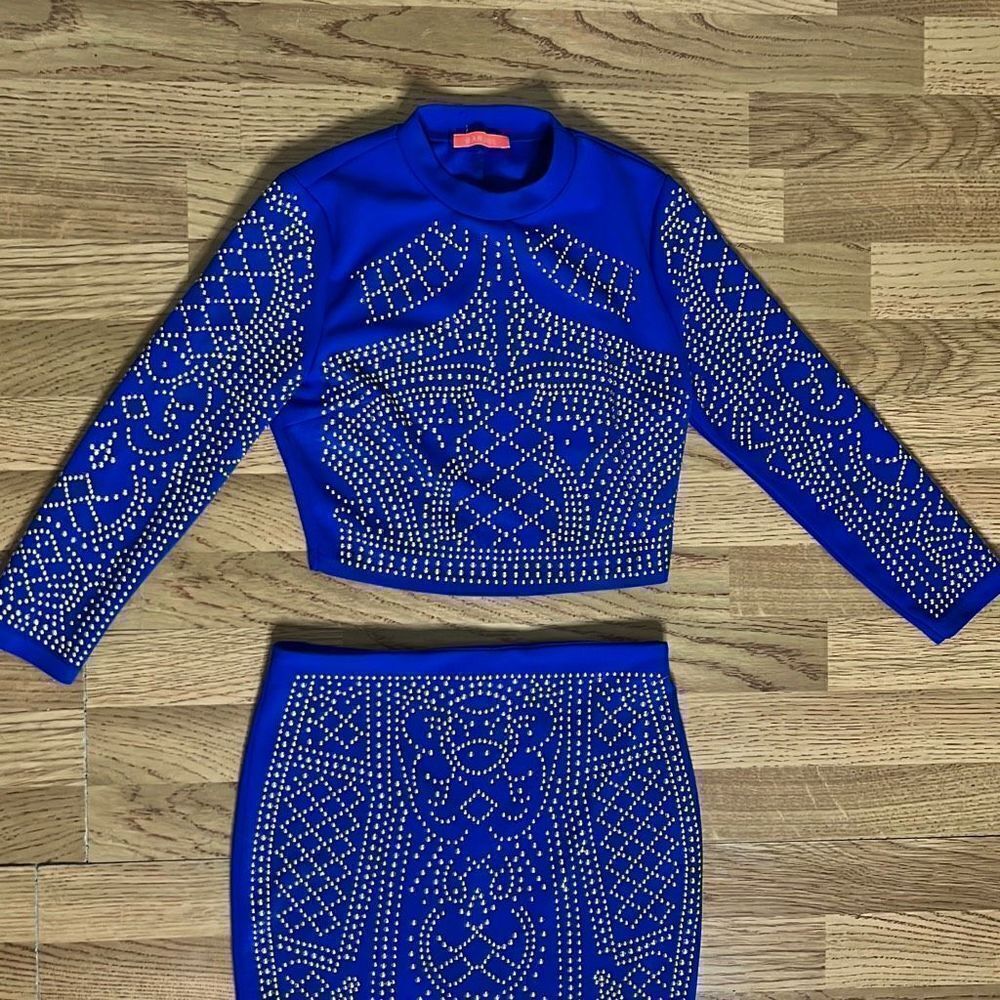 Banjul Women's Top and Skirt Set Sequin Bodycon Long Sleeve Blue Size Small - Picture 3 of 15